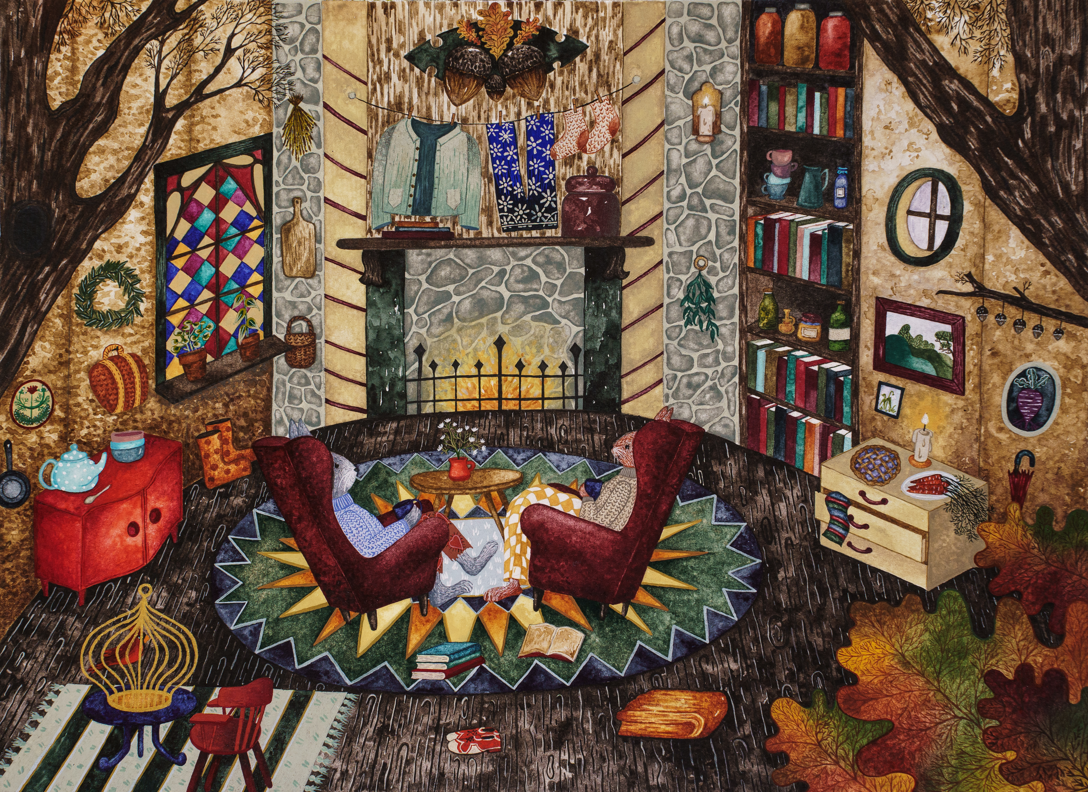Whimsical storybook illustration of two rabbits drinking tea in a cozy treehouse burrow, featuring colorful stained glass windows, a stone fireplace, dried herbs and shelves with colorful jars and books, and quirky comfortable furniture, all hand-painted with Daniel Smith and Schmincke watercolors and Holbein acrylic gouache by Claroscuro Illustrations.